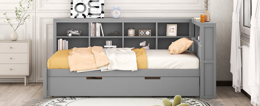 Wooden Twin Size DayBed with Twin Size Trundle, DayBed with Storage Shelf and USB Charging Ports,Grey