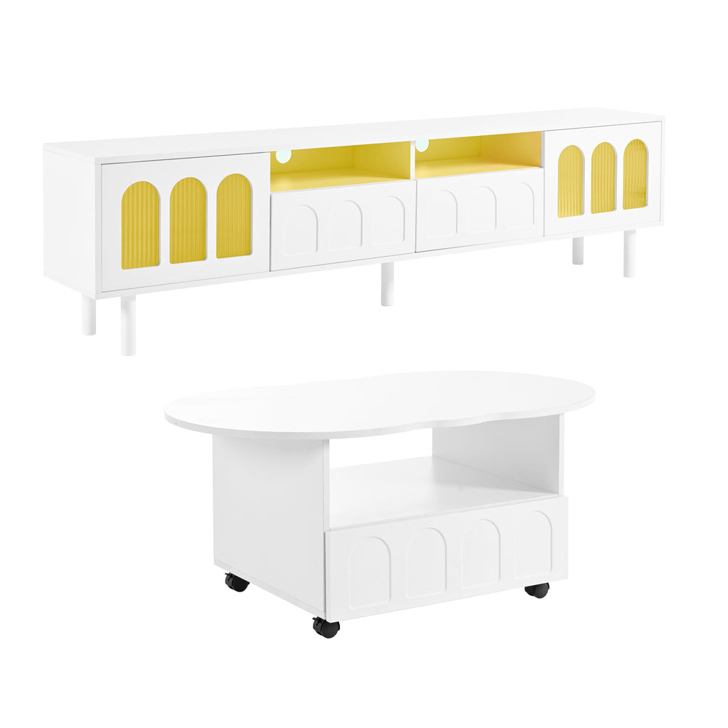 Deux ensembles de meubles TV et tables basses ON-TRANS de style crème, adaptés aux téléviseurs de moins de 80 pouces, blancs