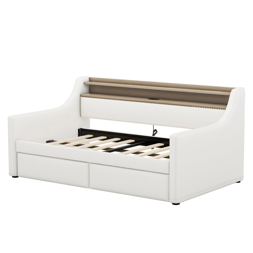 Twin Size Daybed with Drawers, Upholstered Daybed with Charging Station and LED Lights, White