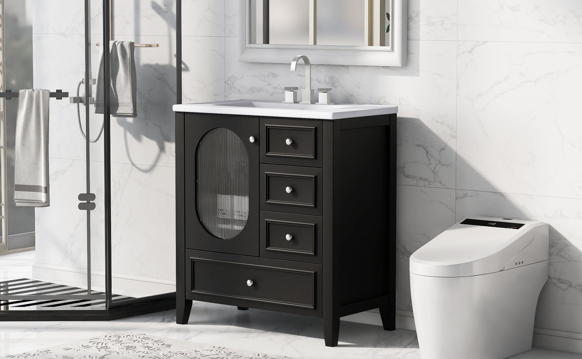Meuble-lavabo de salle de bain de 76 cm avec lavabo, Meuble de rangement de salle de bain avec trois tiroirs et une porte, Bois massif et MDF, Noir