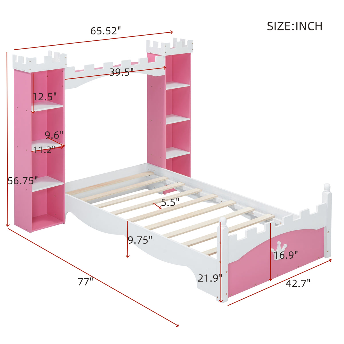 Castle-Shaped Wooden Bed with Storage Shelf, Dreamy Twin Size Platform Bed for Kids Bedroom, Pink+ White
