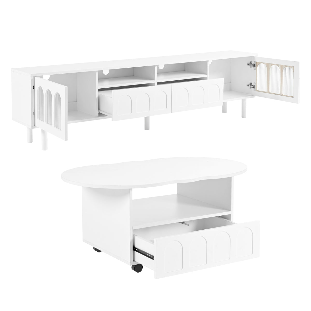 Deux ensembles de meubles TV et tables basses ON-TRANS de style crème, adaptés aux téléviseurs de moins de 80 pouces, blancs