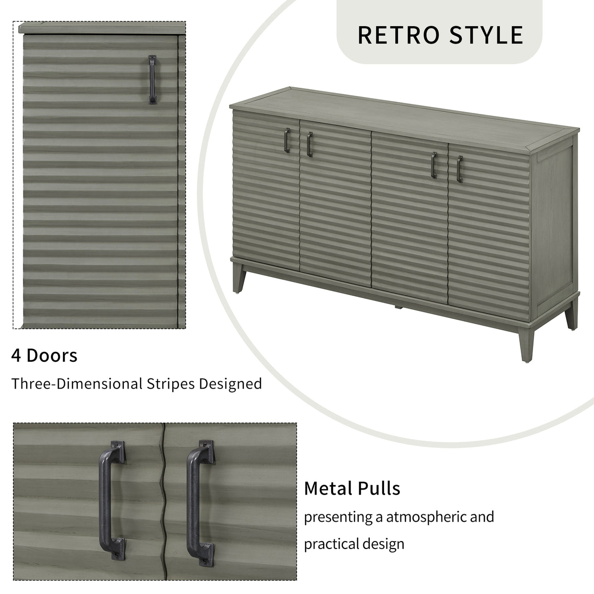 TREXM side panel with 4-door large storage buffet, adjustable shelves and metal handles (antique gray)