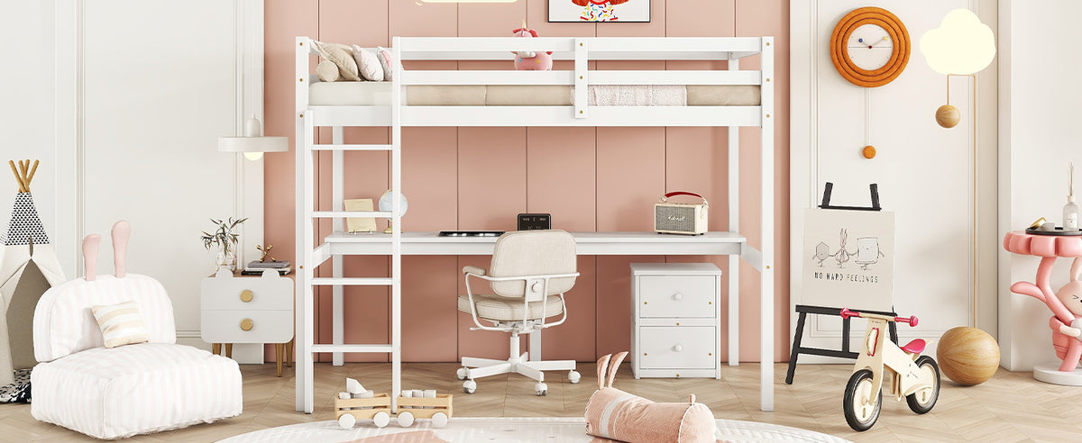 Twin Loft Wood Bed with Under-bed, Built-in Desk, a Storage Cabinet of 2 Drawers, Guardrails, Ladder,White