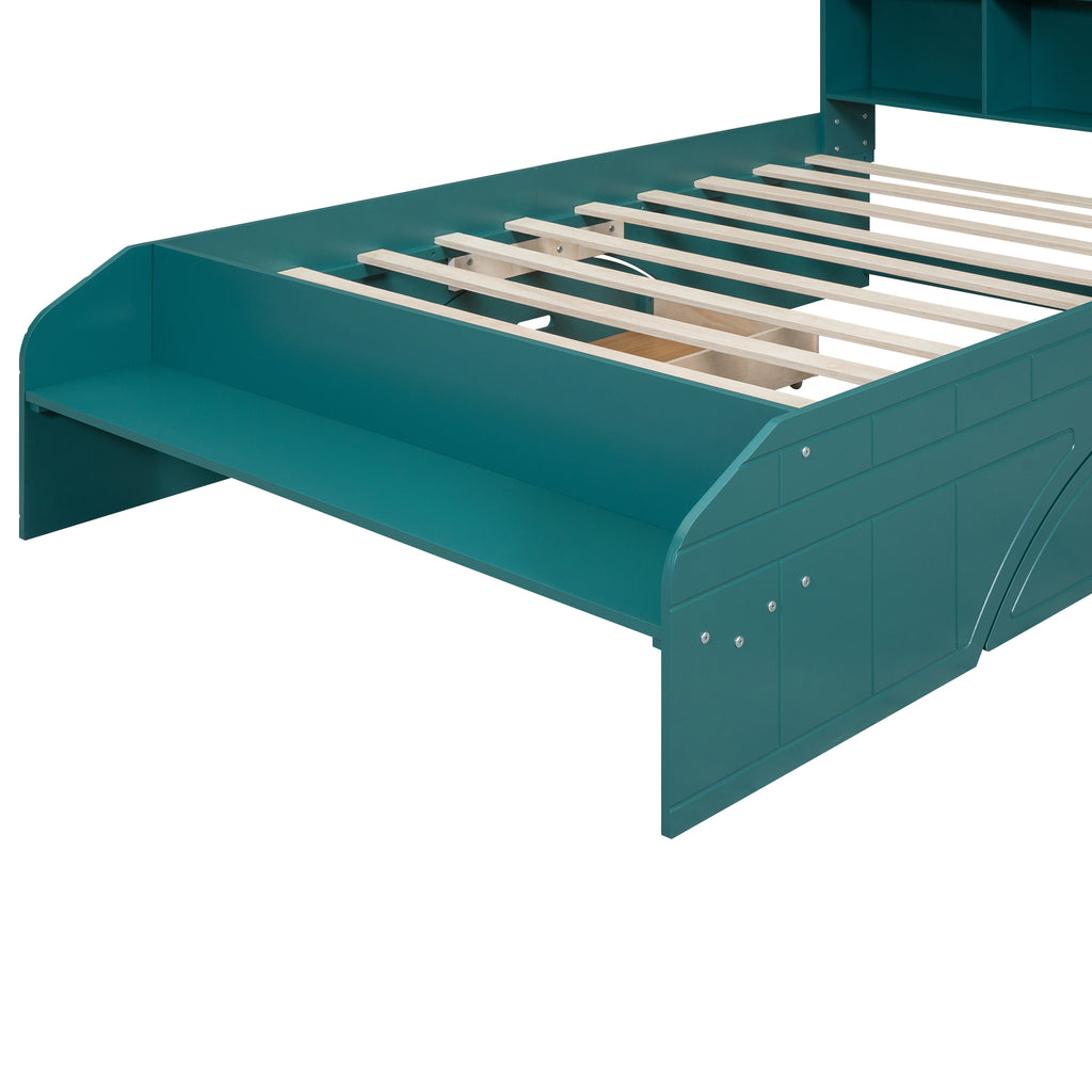 Lit plateforme double en bois avec 2 tiroirs, tête de lit et pied de lit de rangement, vert foncé