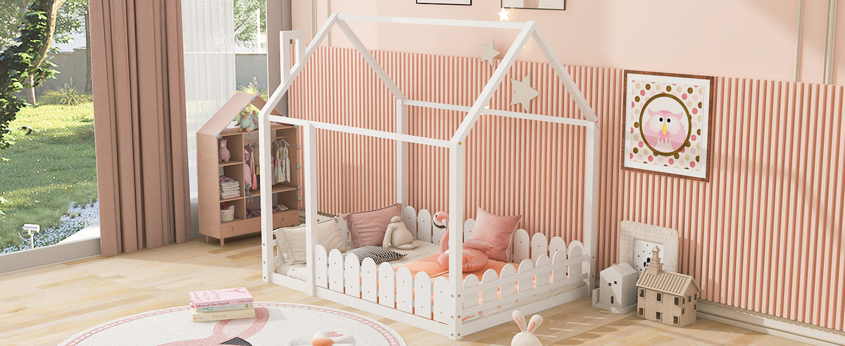 (Slats are not included) Full Size Wood Bed House Bed Frame with Fence for Kids Teens Girls Boys (White )