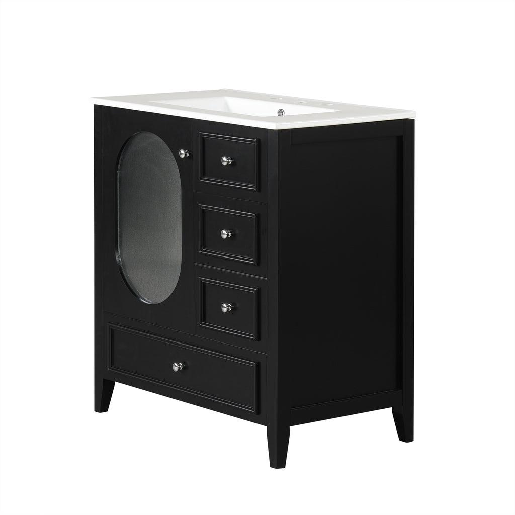 Meuble-lavabo de salle de bain de 76 cm avec lavabo, Meuble de rangement de salle de bain avec trois tiroirs et une porte, Bois massif et MDF, Noir