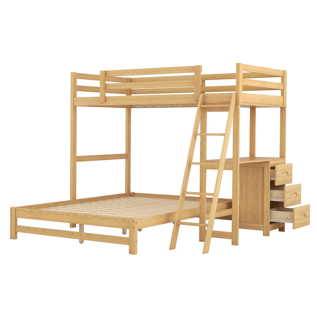 Twin over Full Bunk Bed with Built-in Desk and Three Drawers Natural
