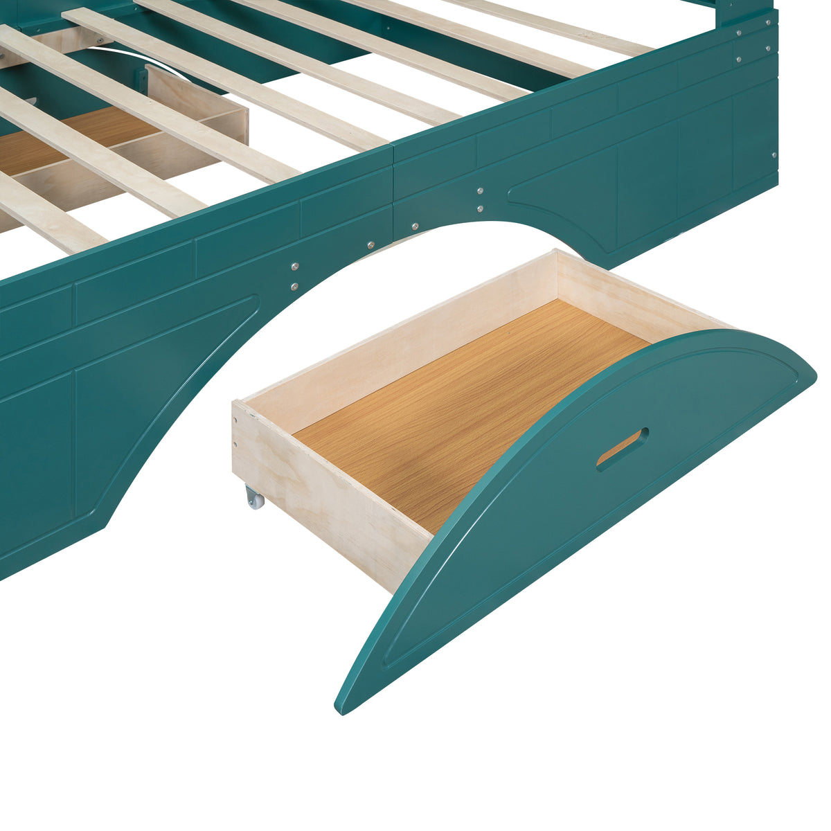 Lit plateforme double en bois avec 2 tiroirs, tête de lit et pied de lit de rangement, vert foncé