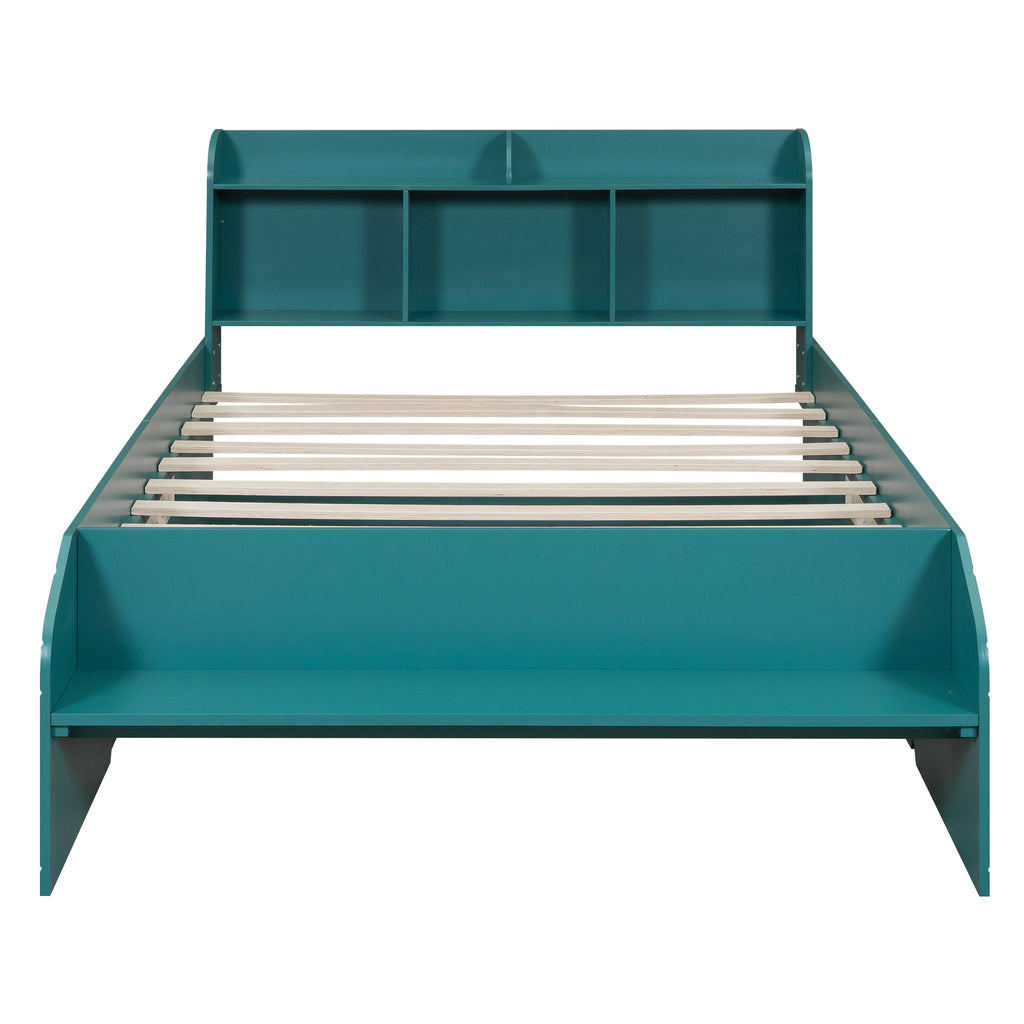 Lit plateforme double en bois avec 2 tiroirs, tête de lit et pied de lit de rangement, vert foncé