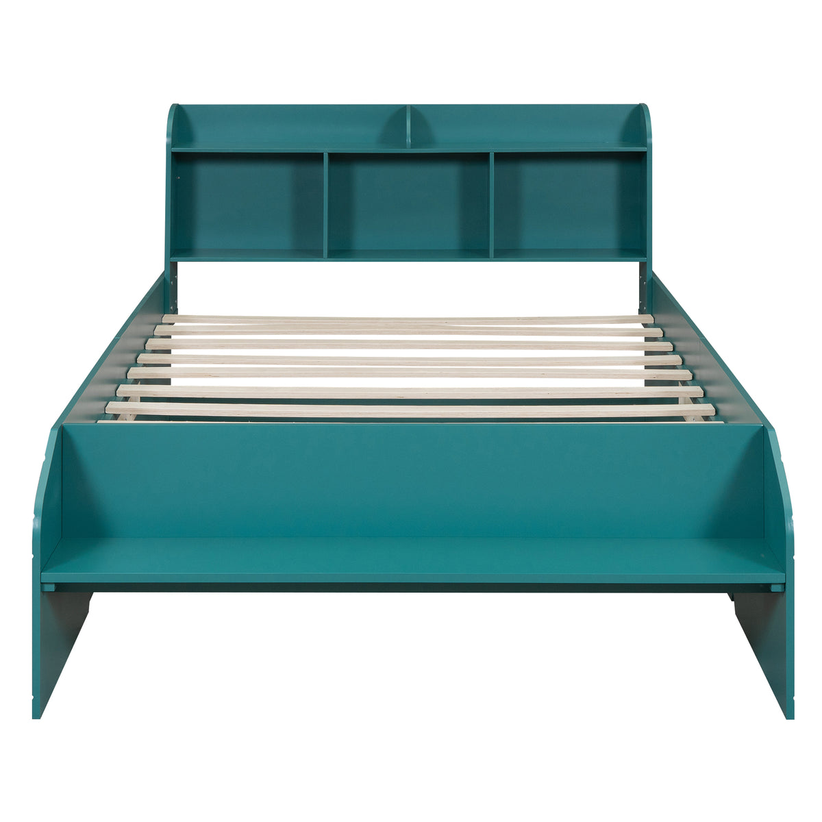 Lit plateforme double en bois avec 2 tiroirs, tête de lit et pied de lit de rangement, vert foncé
