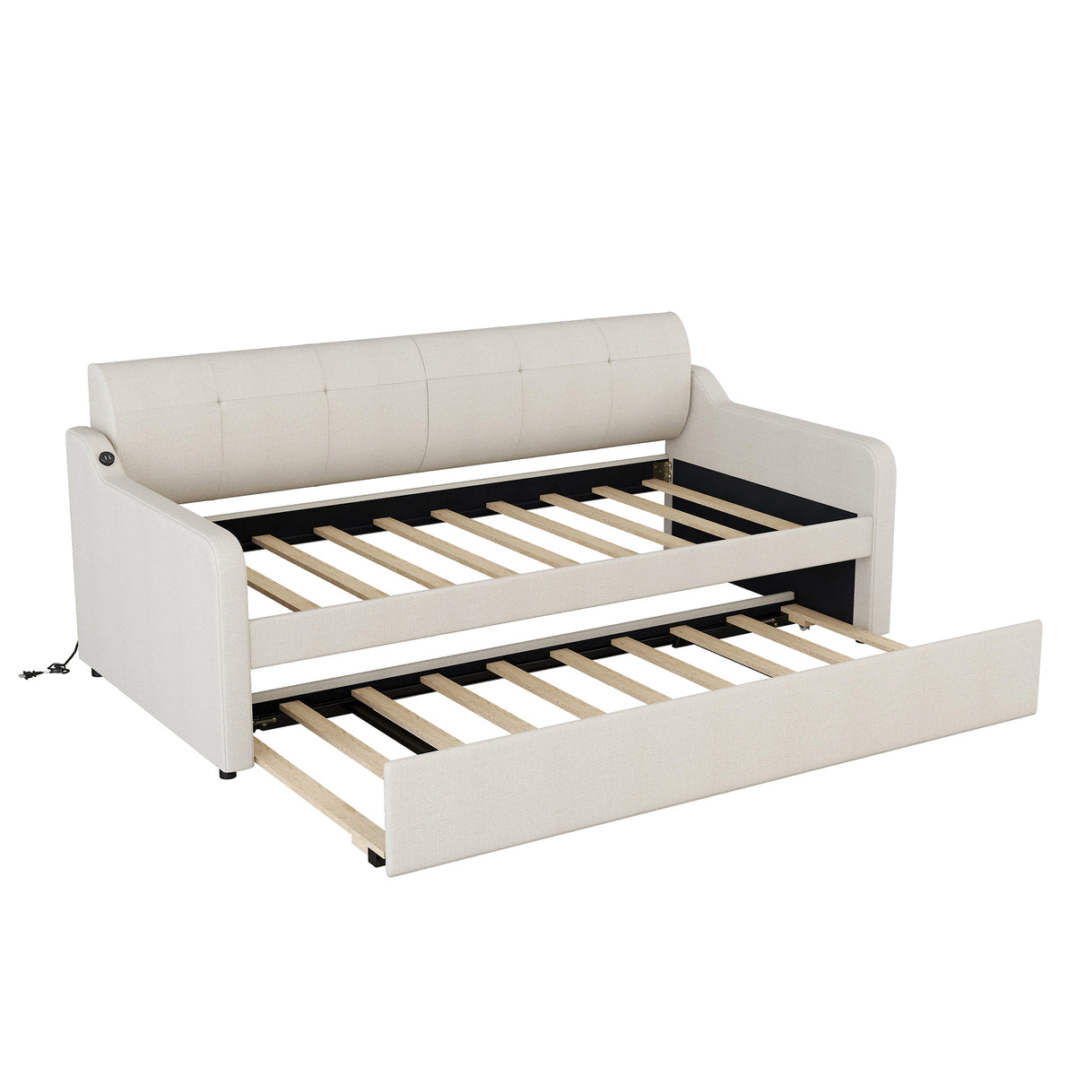 Twin Size Upholstery Daybed with Trundle and USB Charging Design Trundle can be flat or erected Beige