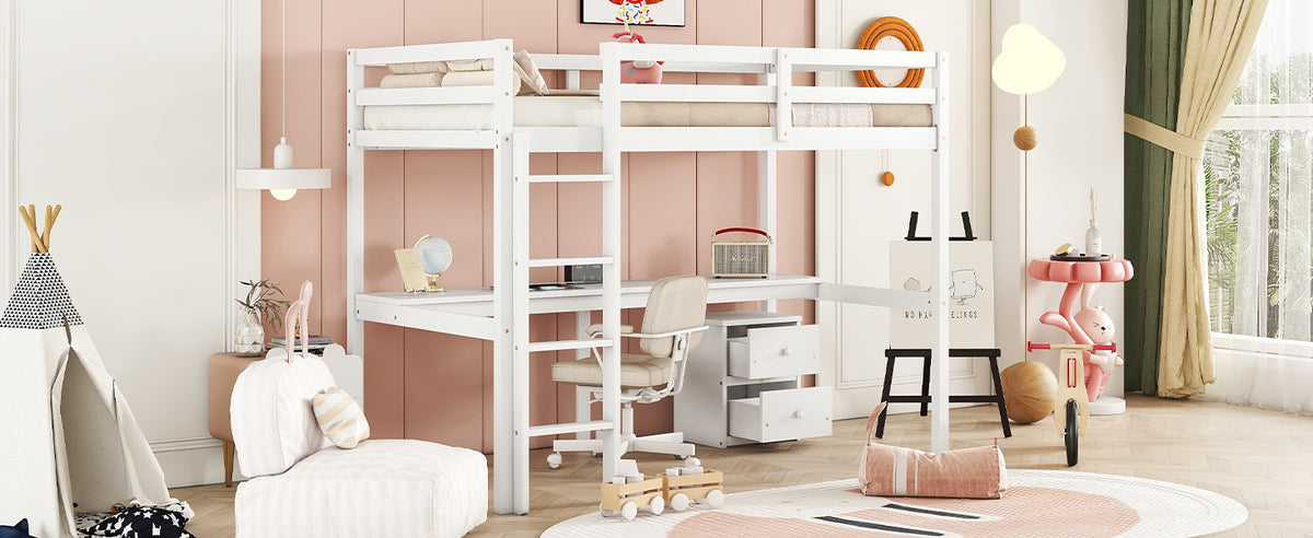 Twin Loft Wood Bed with Under-bed, Built-in Desk, a Storage Cabinet of 2 Drawers, Guardrails, Ladder,White