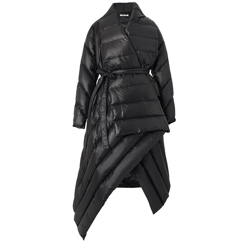 AEL Belt Down Jacket Women Winter Irregular Long Coat Fashion Parka Lady Streetwear High Quality