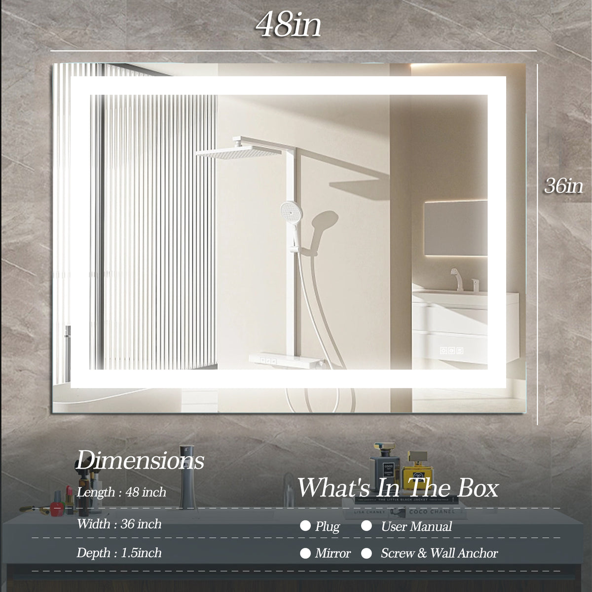 Miroir de salle de bain LED 48 x 36 pouces avec éclairage, anti-buée et intensité réglable, pour coiffeuse de salle de bain