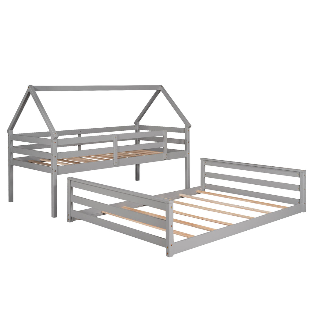 Lit superposé cabane double sur double avec échelle intégrée, gris