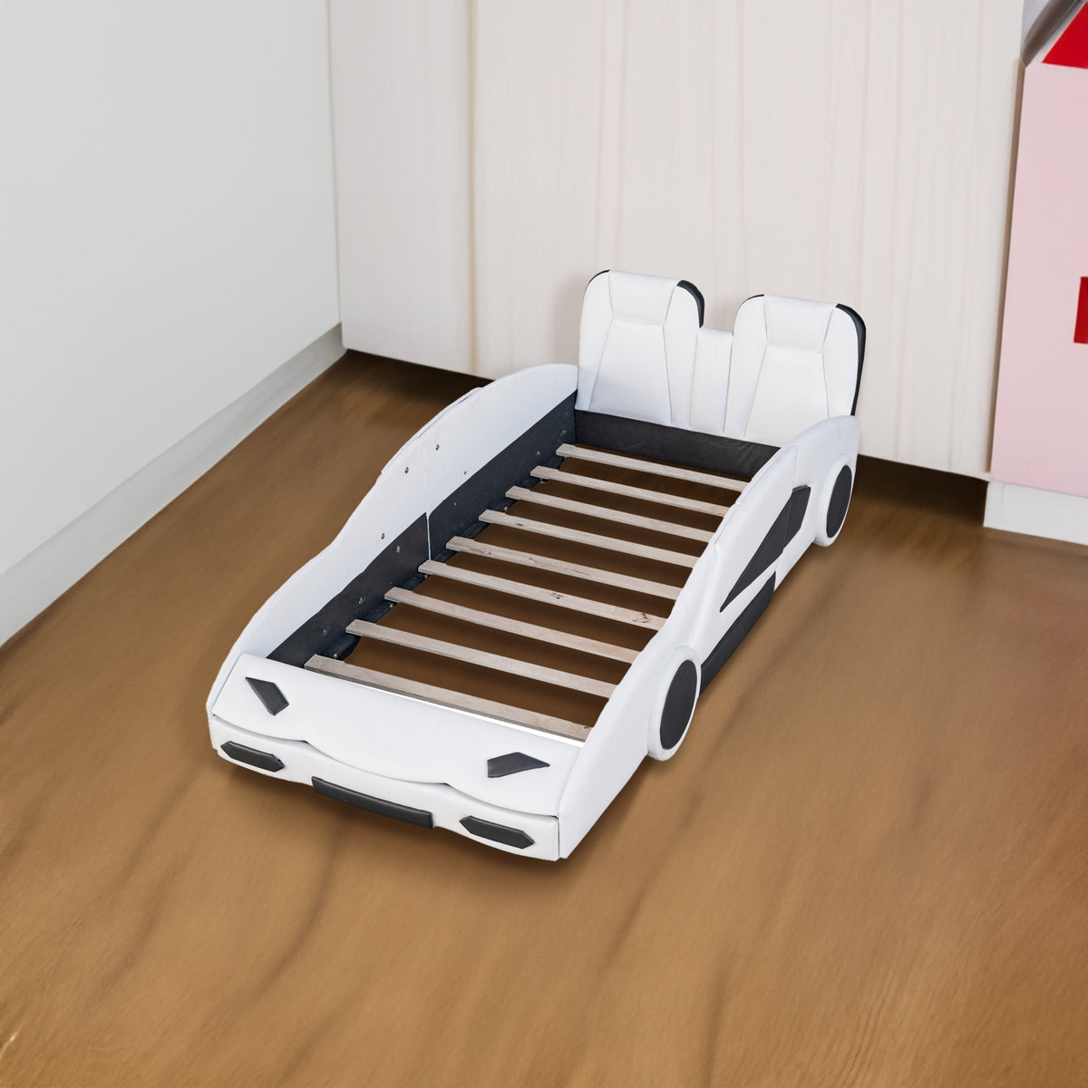 Twin Size Race Car-Shaped Platform Bed with Wheels, White