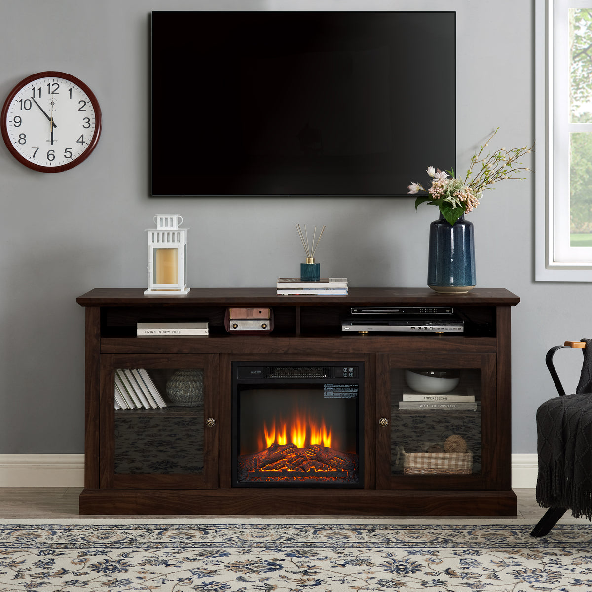 Meuble TV contemporain, console de divertissement moderne avec insert de cheminée électrique de 45,7 cm pour téléviseur jusqu'à 65 pouces avec rangement ouvert