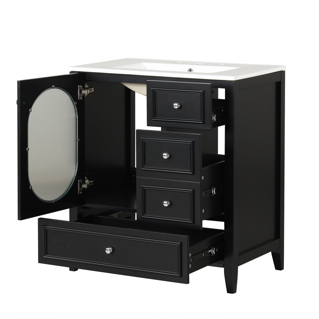 Meuble-lavabo de salle de bain de 76 cm avec lavabo, Meuble de rangement de salle de bain avec trois tiroirs et une porte, Bois massif et MDF, Noir