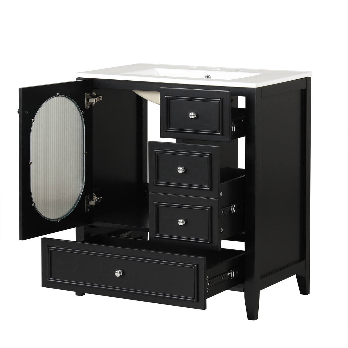 Meuble-lavabo de salle de bain de 76 cm avec lavabo, Meuble de rangement de salle de bain avec trois tiroirs et une porte, Bois massif et MDF, Noir