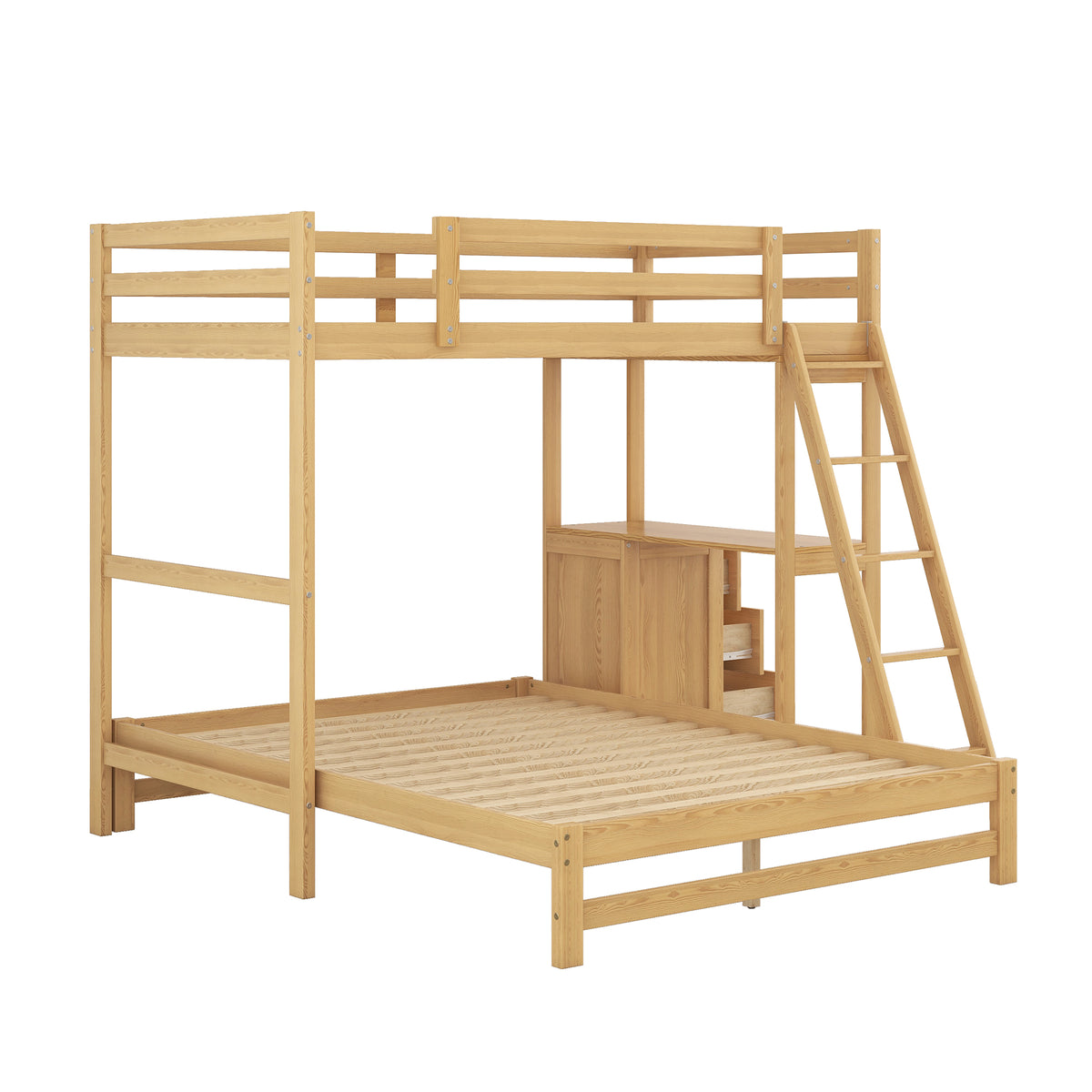 Twin over Full Bunk Bed with Built-in Desk and Three Drawers Natural