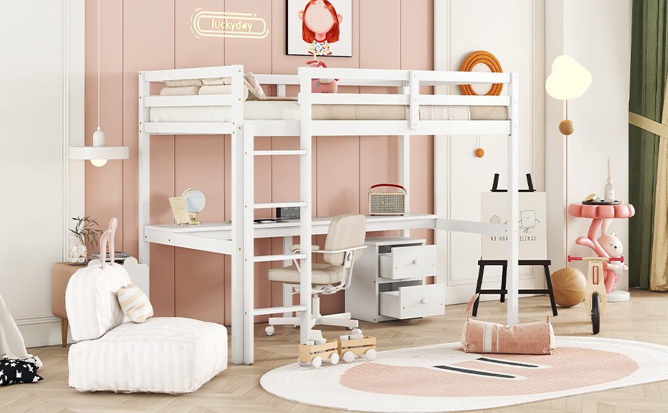 Twin Loft Wood Bed with Under-bed, Built-in Desk, a Storage Cabinet of 2 Drawers, Guardrails, Ladder,White