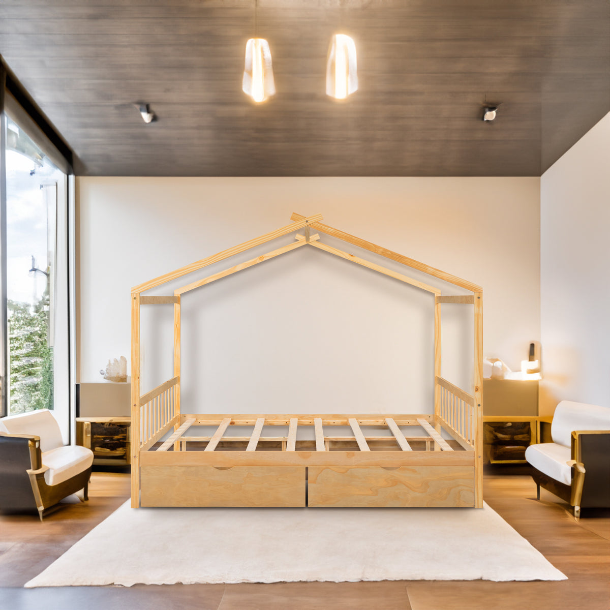 Full Size House Platform Bed with Two Drawers,Headboard and Footboard Roof Design Natural