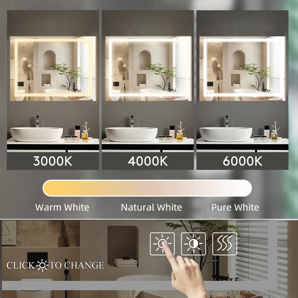 Miroir de salle de bain LED 48 x 36 pouces avec éclairage, anti-buée et intensité réglable, pour coiffeuse de salle de bain