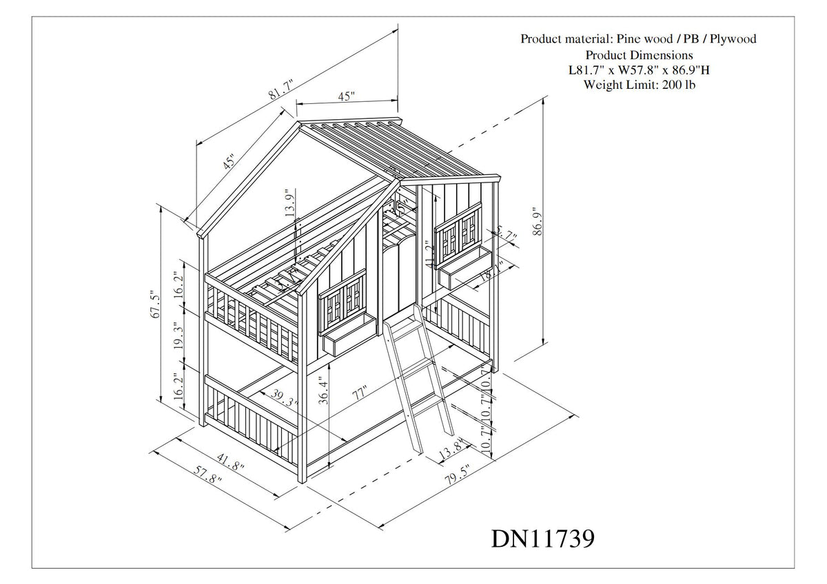 Twin over Twin House Bunk Bed with Roof , Window, Window Box, Door , with Safety Guardrails and Ladder,White