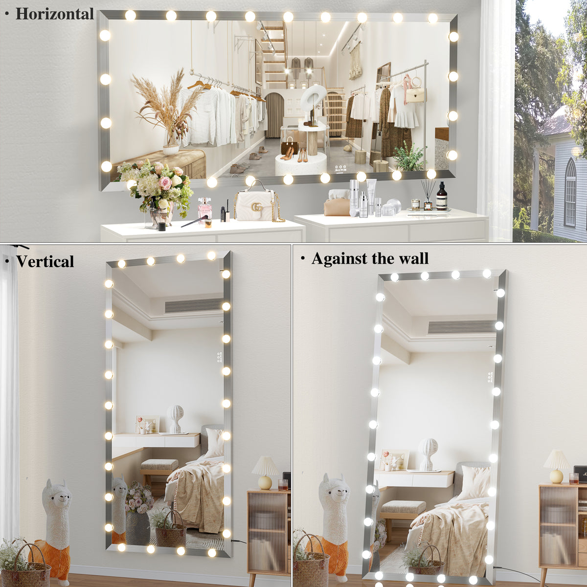 72X32 inch Hollywood full body mirror with light  dressing mirror with 3 color modes of lighting  standing floor mirror touch co