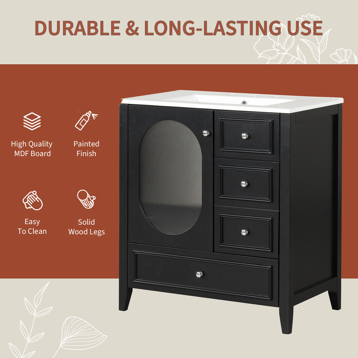 Meuble-lavabo de salle de bain de 76 cm avec lavabo, Meuble de rangement de salle de bain avec trois tiroirs et une porte, Bois massif et MDF, Noir