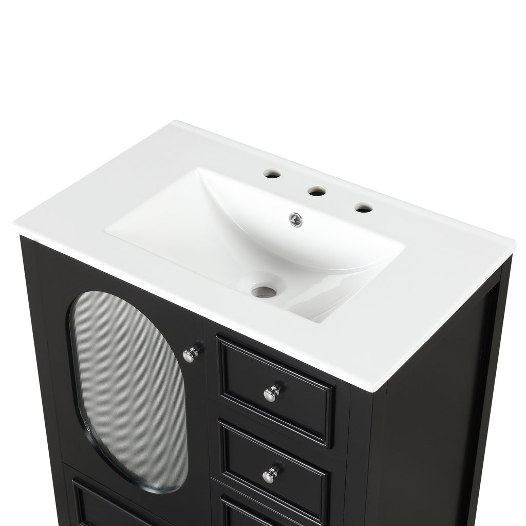 Meuble-lavabo de salle de bain de 76 cm avec lavabo, Meuble de rangement de salle de bain avec trois tiroirs et une porte, Bois massif et MDF, Noir