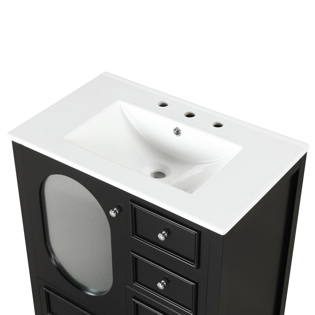 Meuble-lavabo de salle de bain de 76 cm avec lavabo, Meuble de rangement de salle de bain avec trois tiroirs et une porte, Bois massif et MDF, Noir