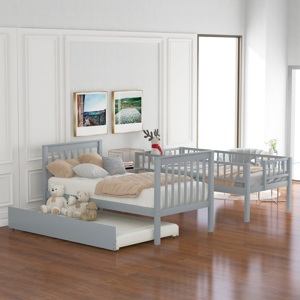 Twin over Twin Bunk Bed with Trundle and Storage  Gray