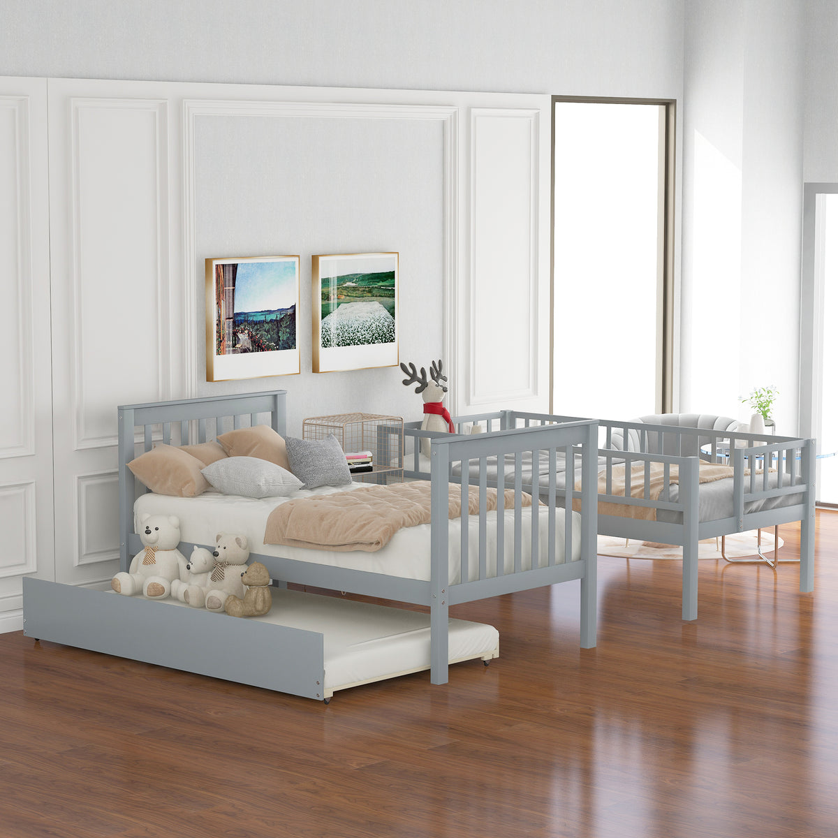 Twin over Twin Bunk Bed with Trundle and Storage  Gray