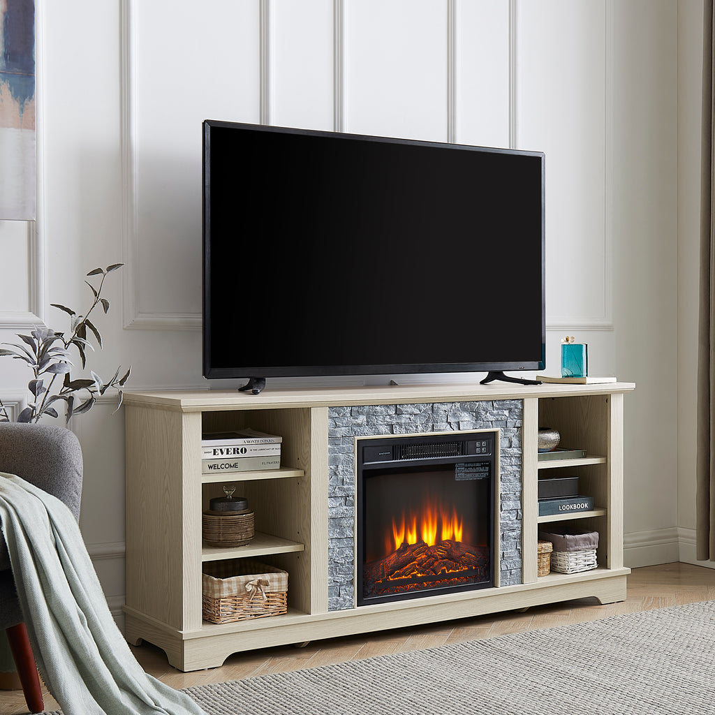 Mantel electric fireplace stone TV media stand, open storage console space, with 18 inch fireplace insert, white
