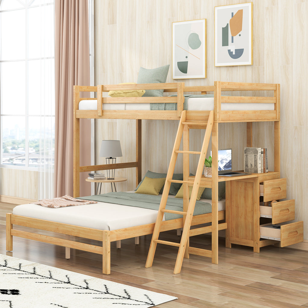 Twin over Full Bunk Bed with Built-in Desk and Three Drawers Natural