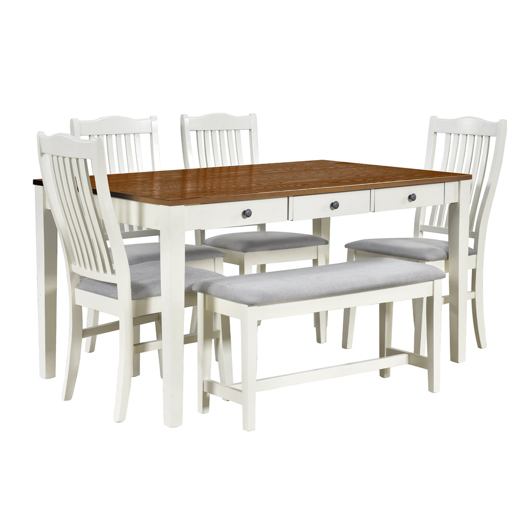 TOPMAX Mid-Century 6-Piece Wood Dining Table Set, Kitchen Table Set with Drawer  Upholstered Chairs and Bench  Butter Milk