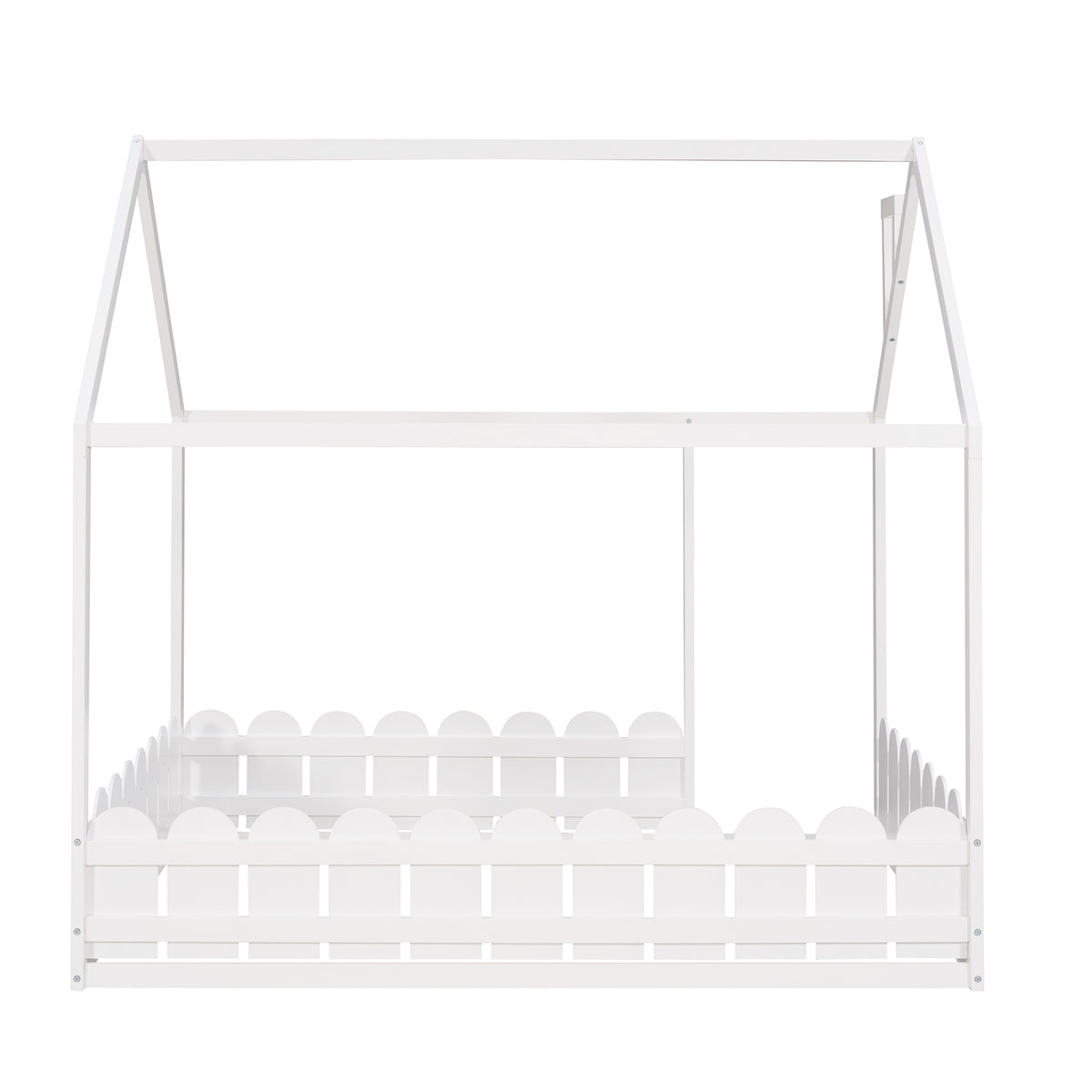(Slats are not included) Full Size Wood Bed House Bed Frame with Fence for Kids Teens Girls Boys (White )