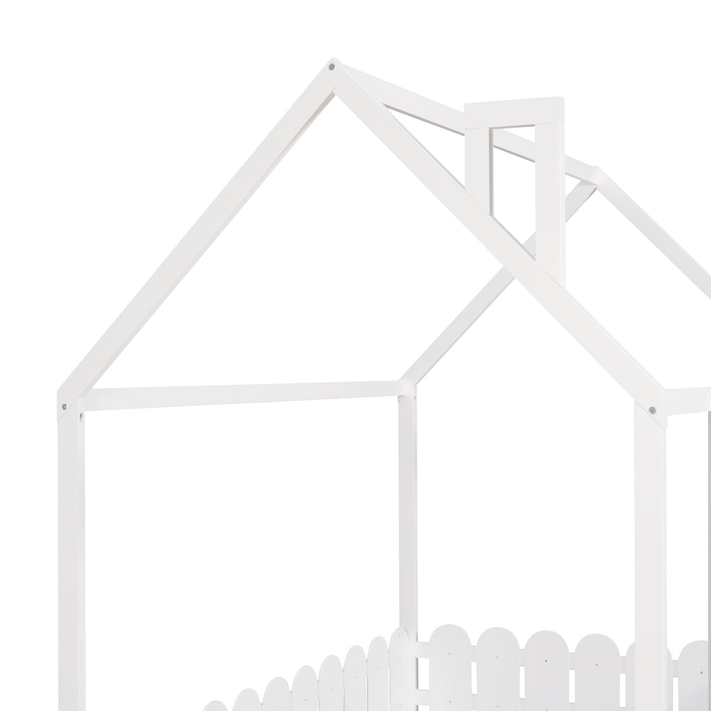 (Slats are not included) Full Size Wood Bed House Bed Frame with Fence for Kids Teens Girls Boys (White )
