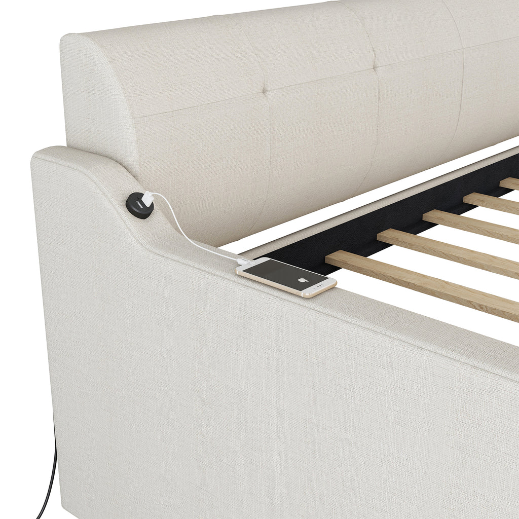 Twin Size Upholstery Daybed with Trundle and USB Charging Design Trundle can be flat or erected Beige