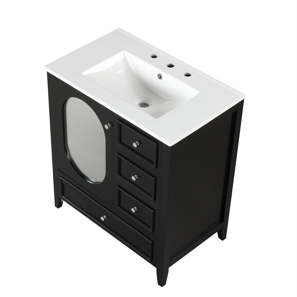 Meuble-lavabo de salle de bain de 76 cm avec lavabo, Meuble de rangement de salle de bain avec trois tiroirs et une porte, Bois massif et MDF, Noir