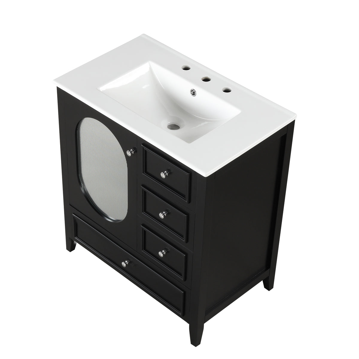 Meuble-lavabo de salle de bain de 76 cm avec lavabo, Meuble de rangement de salle de bain avec trois tiroirs et une porte, Bois massif et MDF, Noir