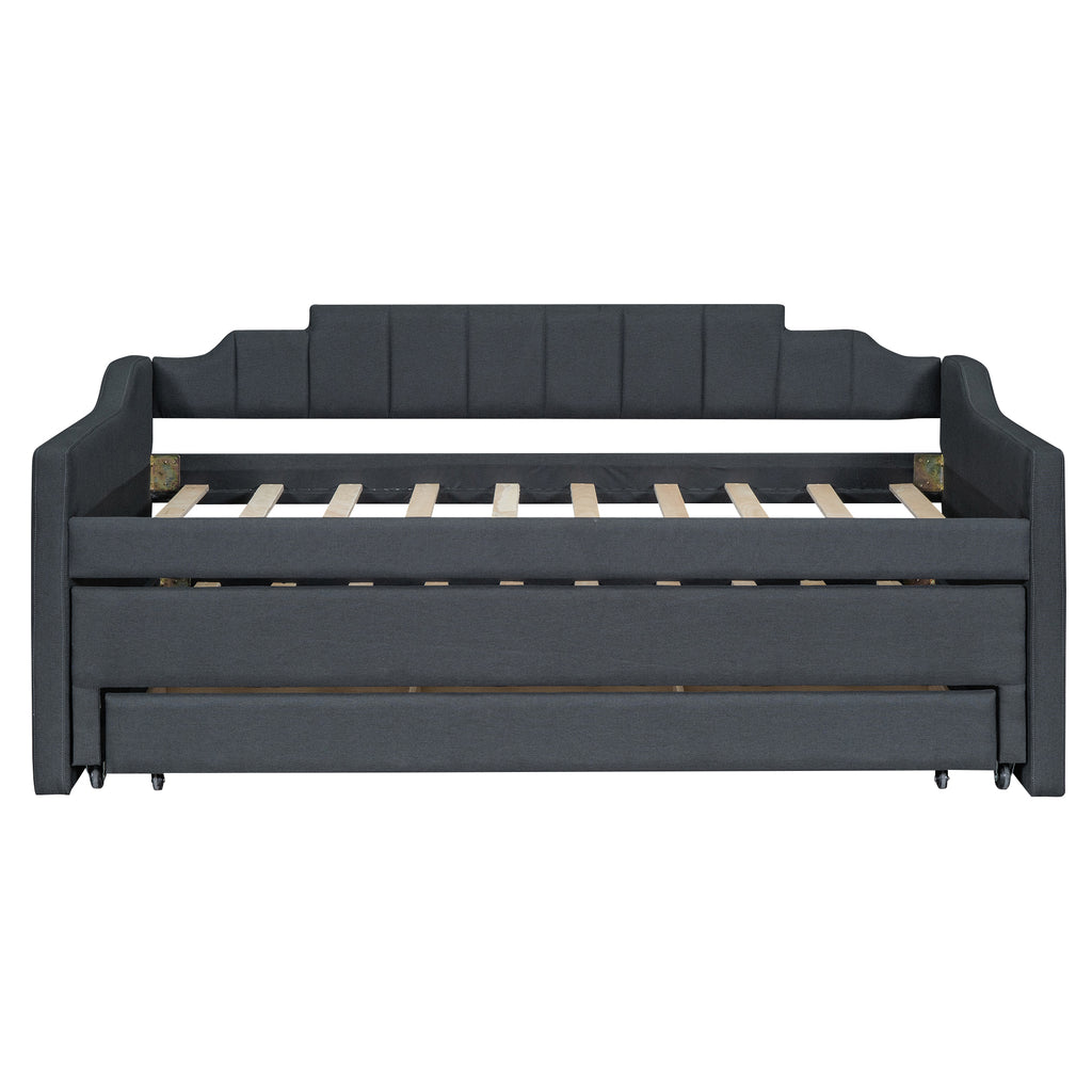 Twin Size Upholstered Daybed with Trundle and Three Drawers Grey