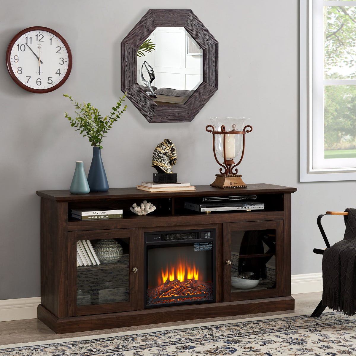 Meuble TV contemporain, console de divertissement moderne avec insert de cheminée électrique de 45,7 cm pour téléviseur jusqu'à 65 pouces avec rangement ouvert