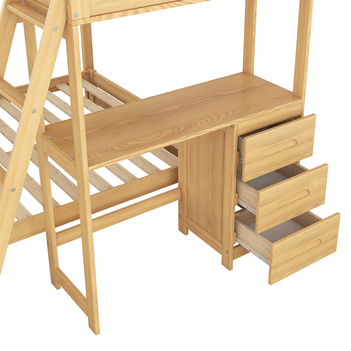 Twin over Full Bunk Bed with Built-in Desk and Three Drawers Natural