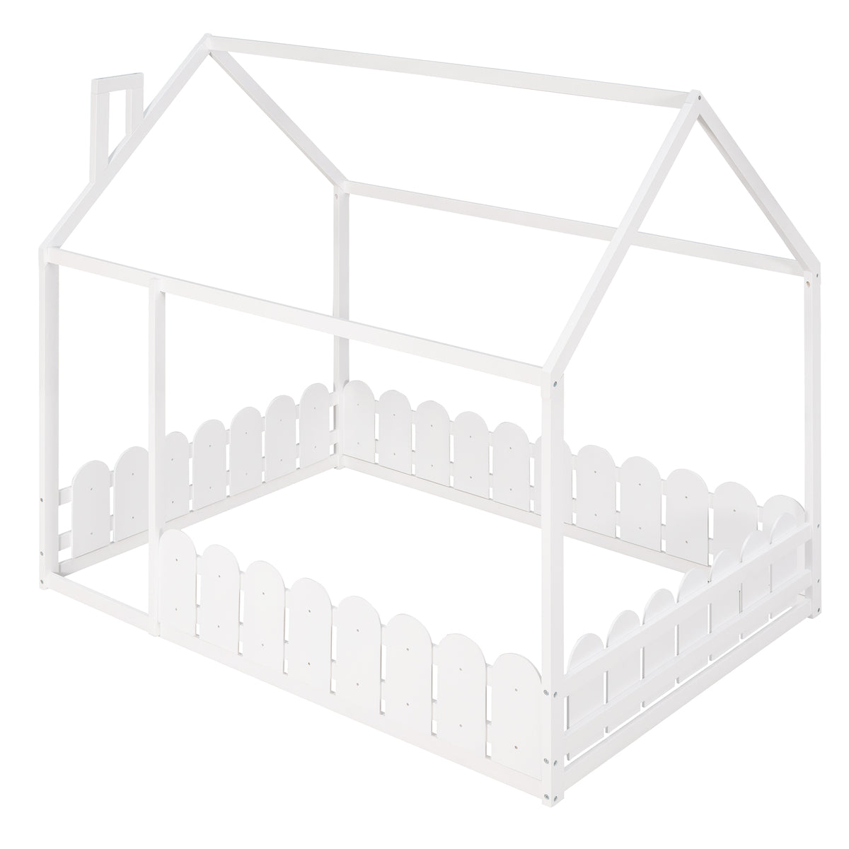 (Slats are not included) Full Size Wood Bed House Bed Frame with Fence for Kids Teens Girls Boys (White )