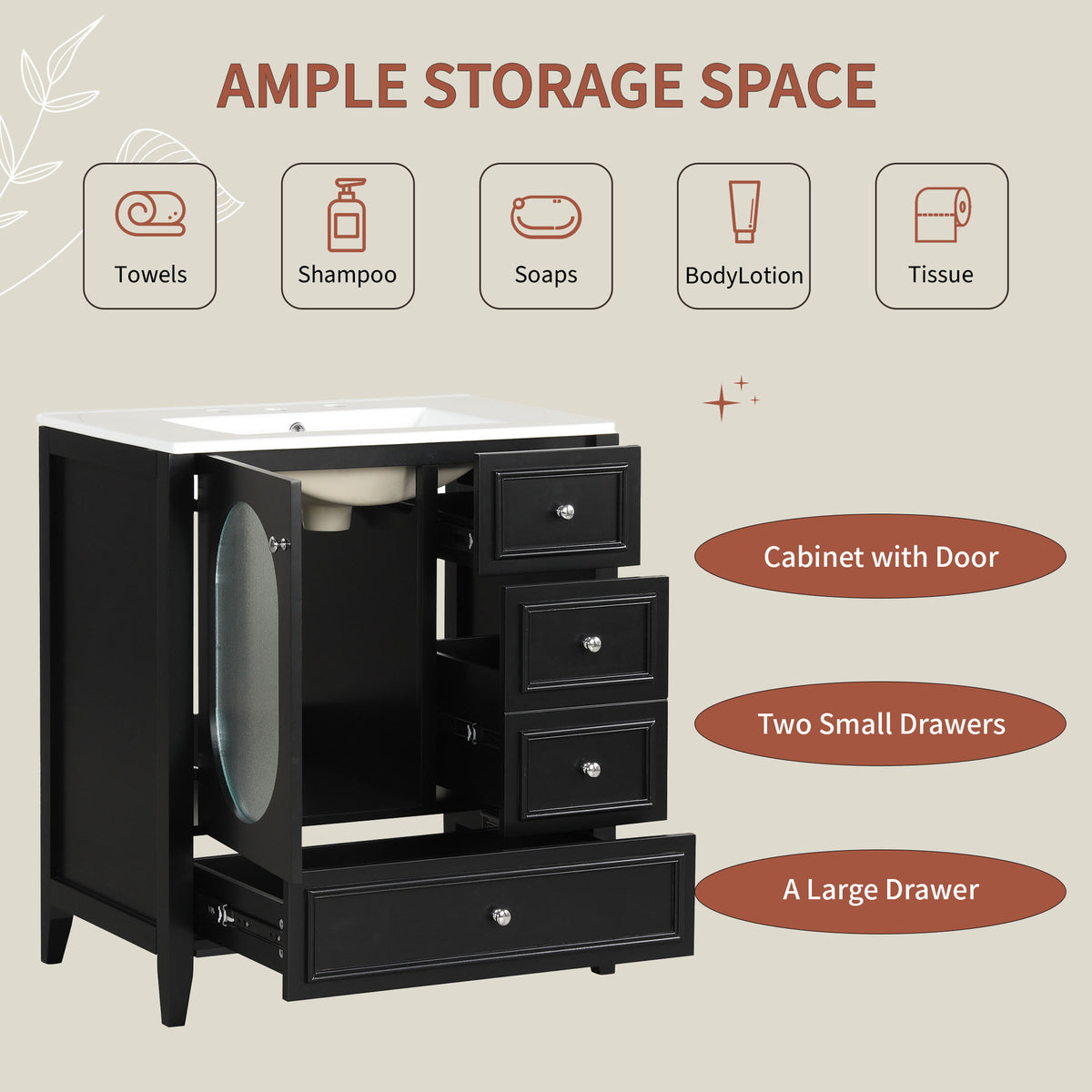 Meuble-lavabo de salle de bain de 76 cm avec lavabo, Meuble de rangement de salle de bain avec trois tiroirs et une porte, Bois massif et MDF, Noir