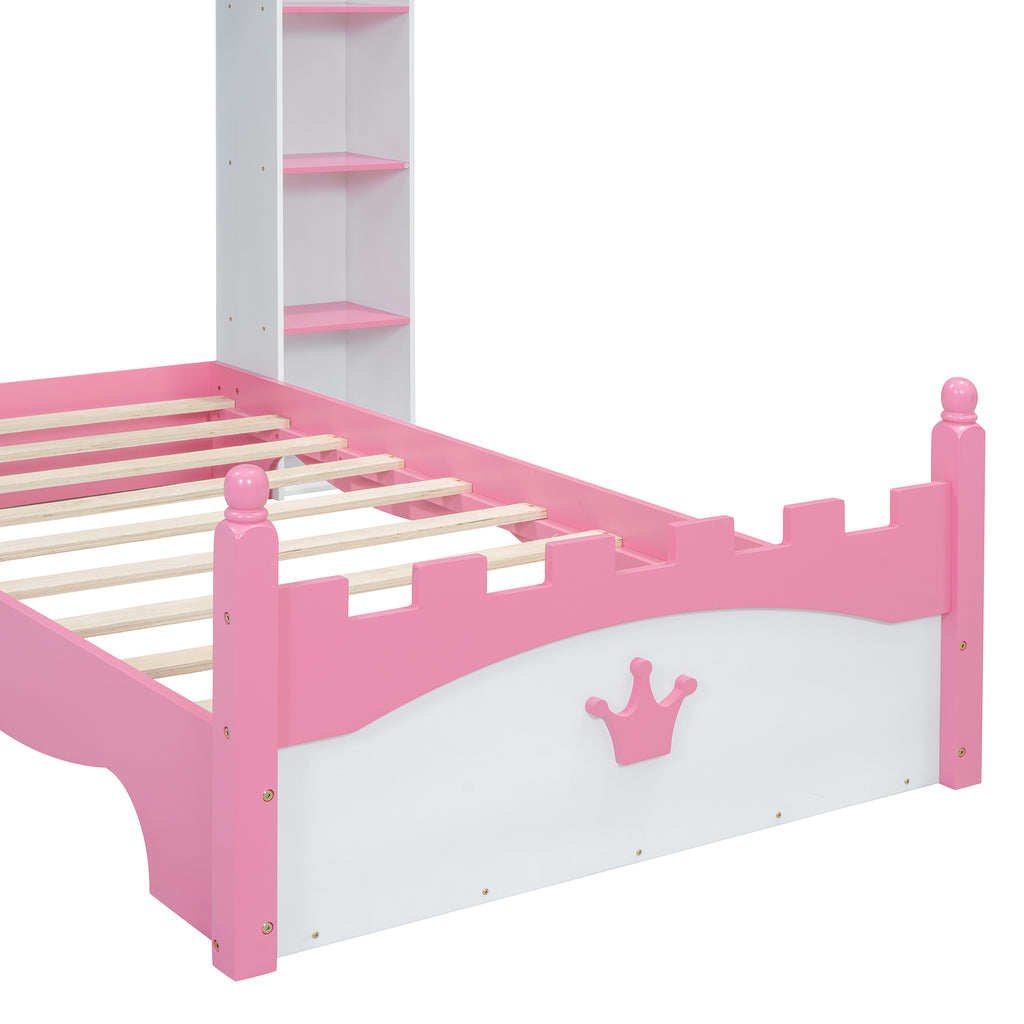 Lit en bois en forme de château avec étagère de rangement, lit plateforme double de rêve pour chambre d'enfant, blanc + rose