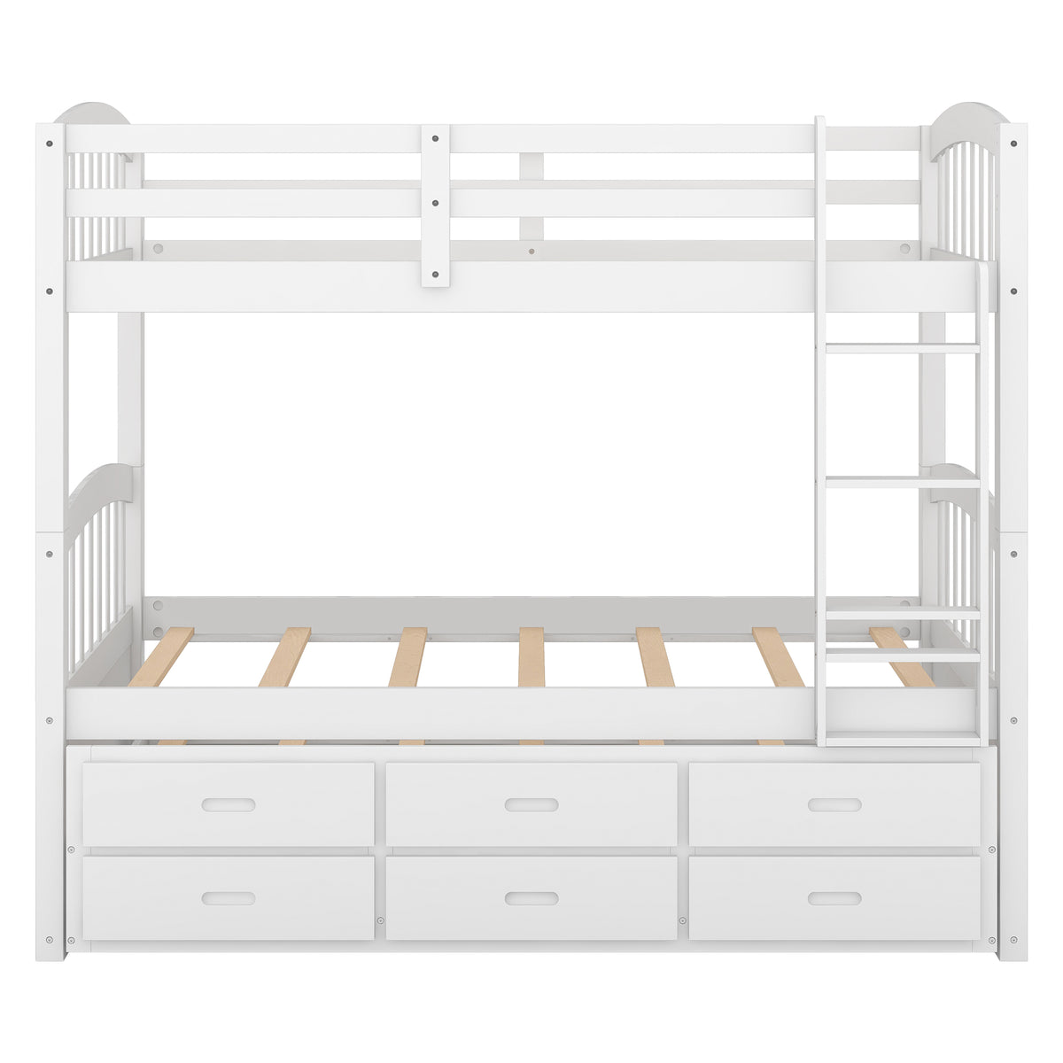 Twin over Twin Wood Bunk Bed with Trundle and Drawers White
